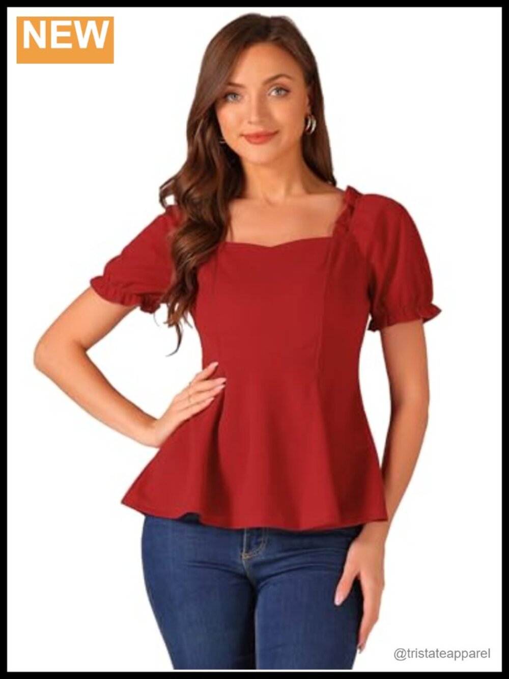 Elegant Ruffles Puff Sleeve Sweetheart Neck Peplum Blouse Women's Top